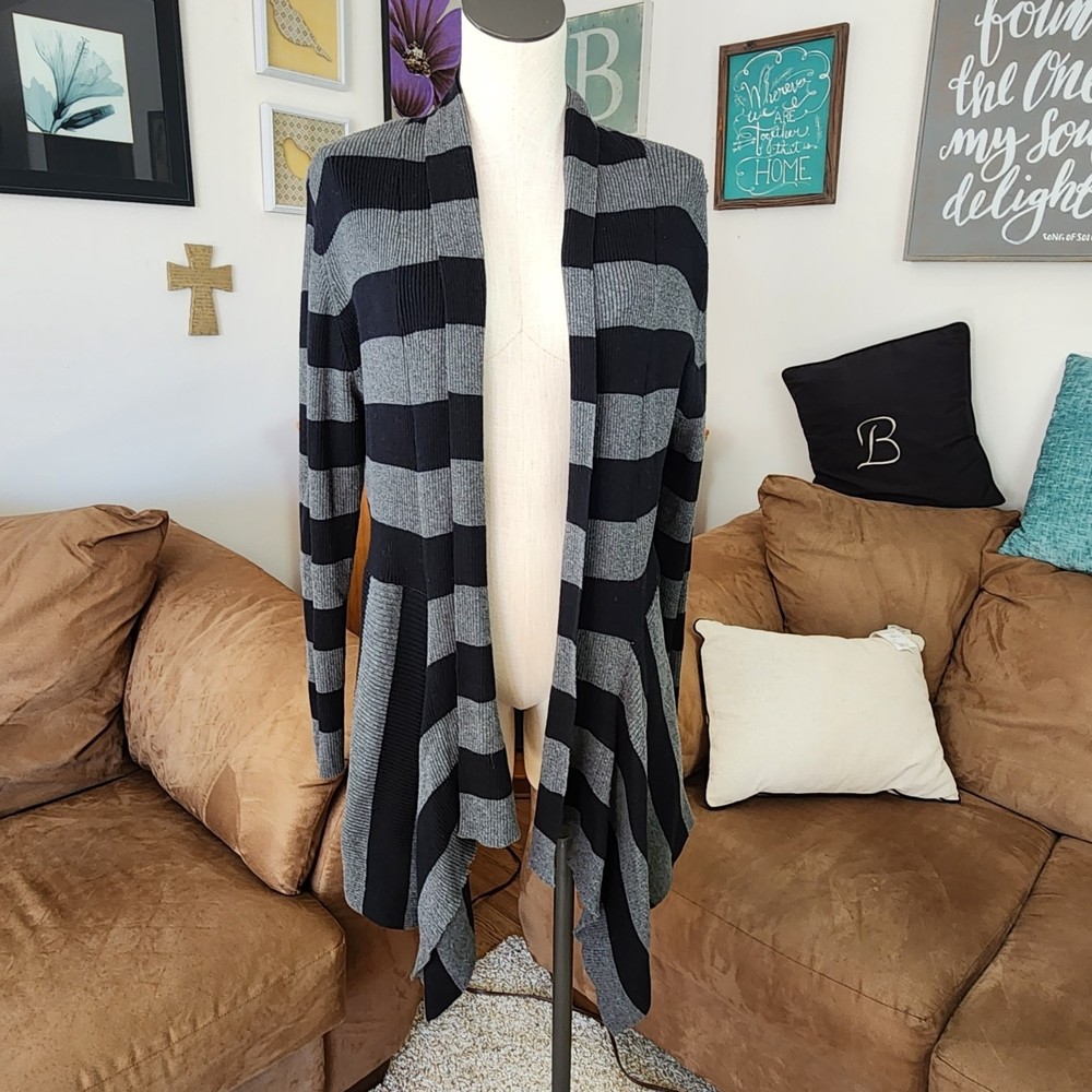 RXB Draped Open Front Striped Cardigan Size L?